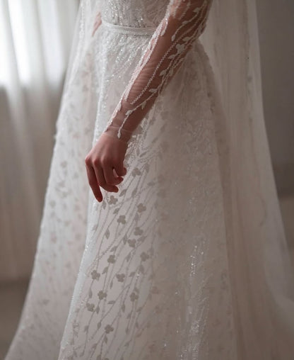 High Neck Lace Sleeve A-Line Wedding Dress