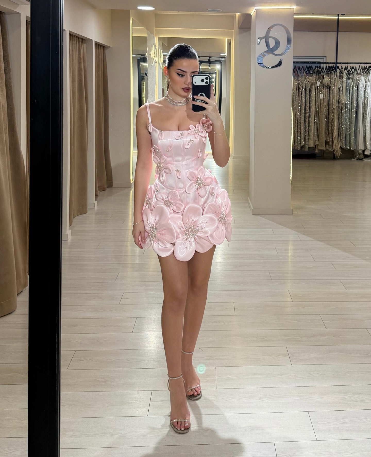 3D Floral Corset Mini Dress with Spaghetti Straps