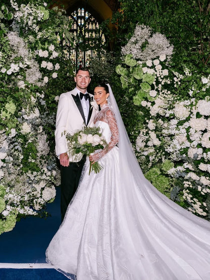 Embroidered High-Neck Ball Gown Wedding Dress with Pockets