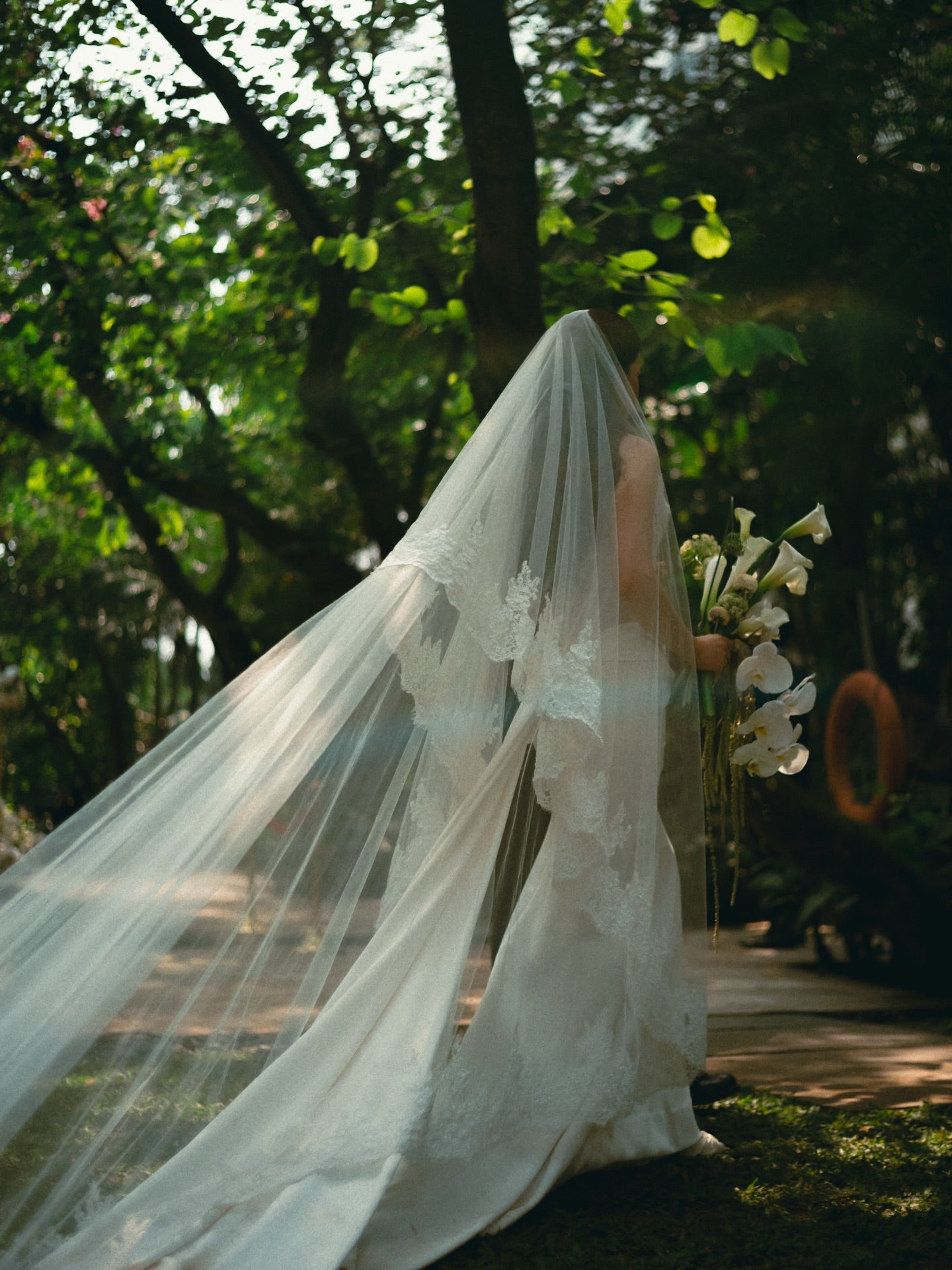 Strapless Lace Applique Wedding Gown with Cathedral Veil