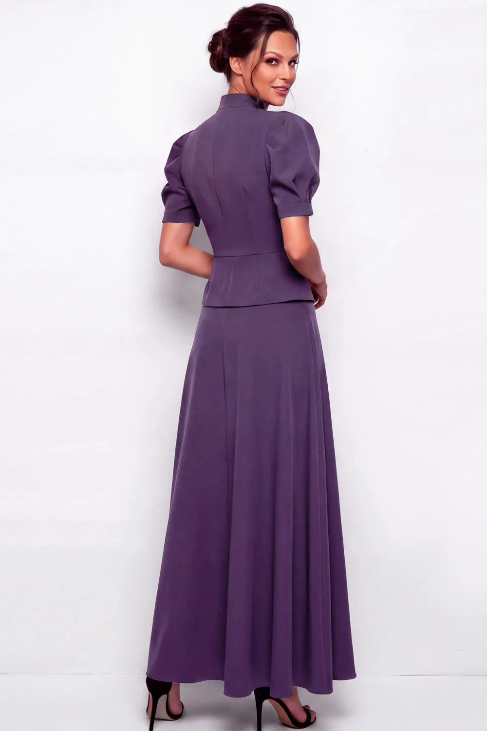 Puff Sleeve Peplum Maxi Dress with Faux Pearls