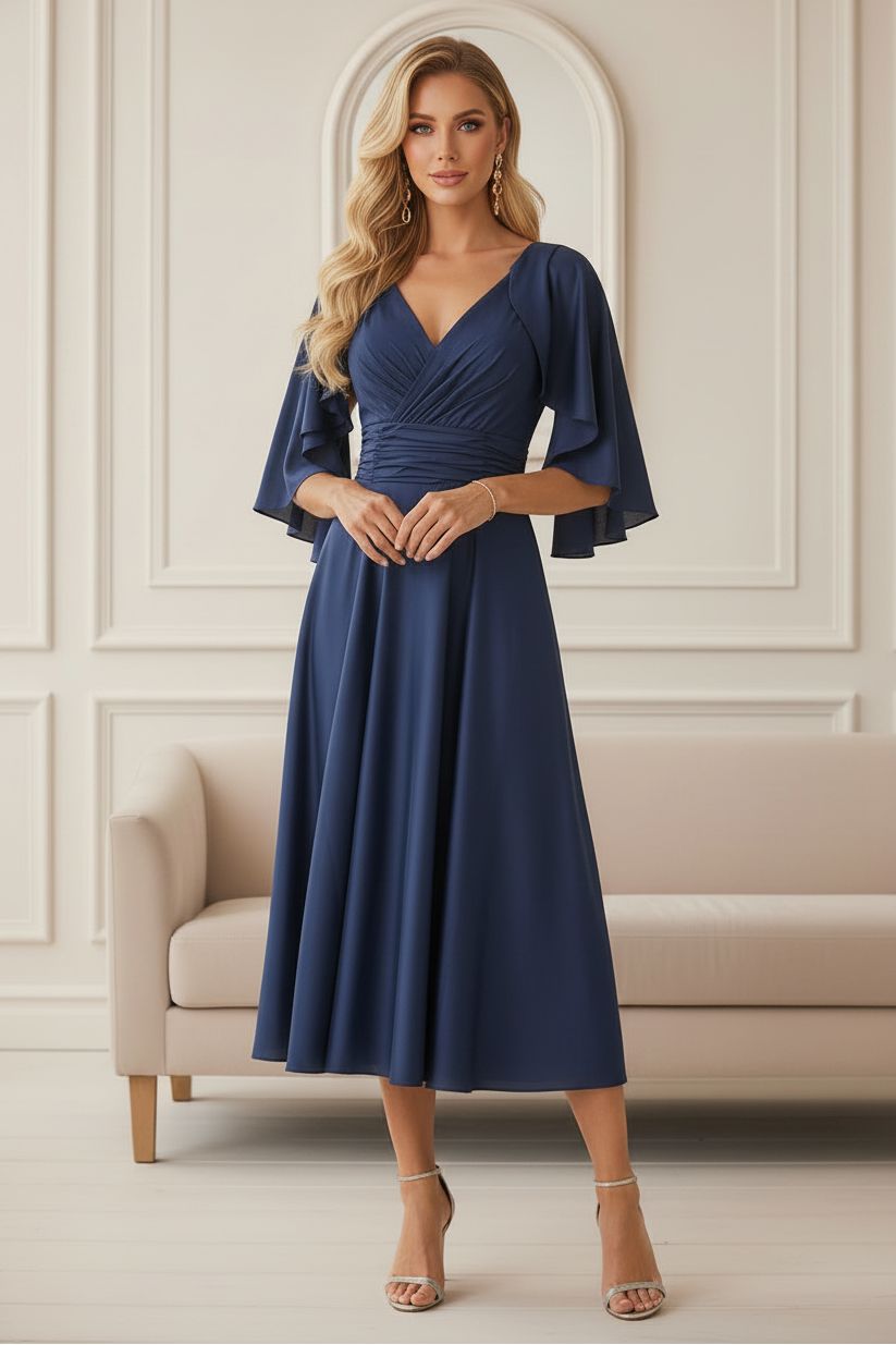 Flutter Sleeve V-Neck Satin Midi Dress