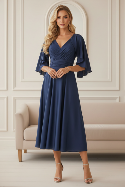 Flutter Sleeve V-Neck Satin Midi Dress