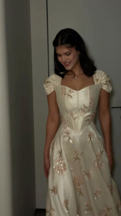 Embroidered Corset Gown with Cap Sleeves
