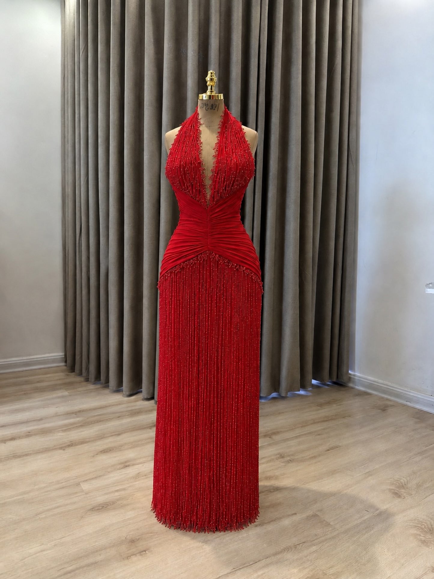 Halter Beaded Fringe Maxi Dress with Ruched Waist