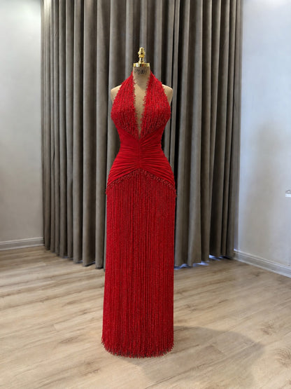 Halter Beaded Fringe Maxi Dress with Ruched Waist