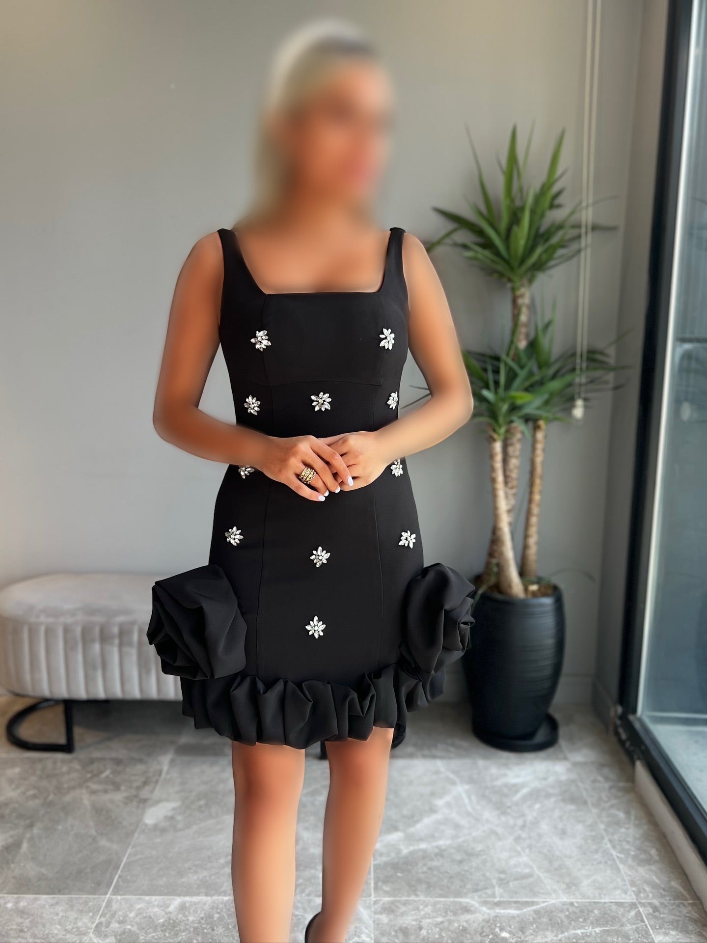 Square Neck 3D Flower Embellished Mini Dress