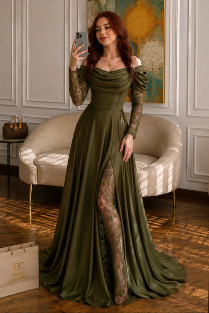 Off-the-Shoulder Corset Gown with Lace Underlay