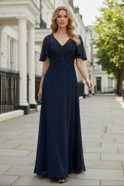 Beaded Bodice A-Line Evening Gown with Flutter Sleeves