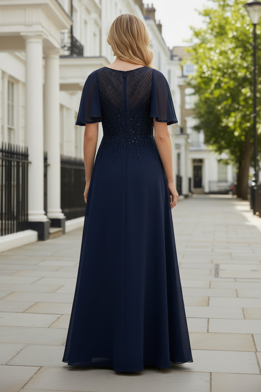 Beaded Bodice A-Line Evening Gown with Flutter Sleeves