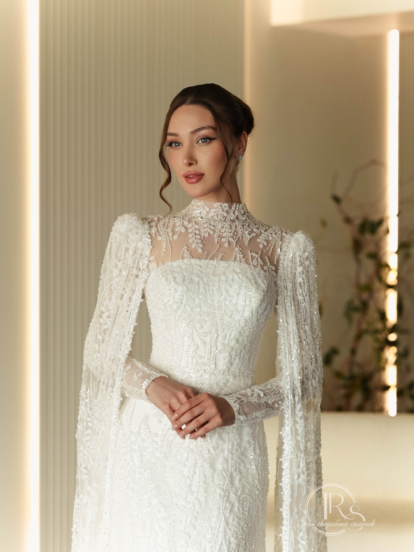 High Neck Lace Wedding Dress with Cape Sleeves