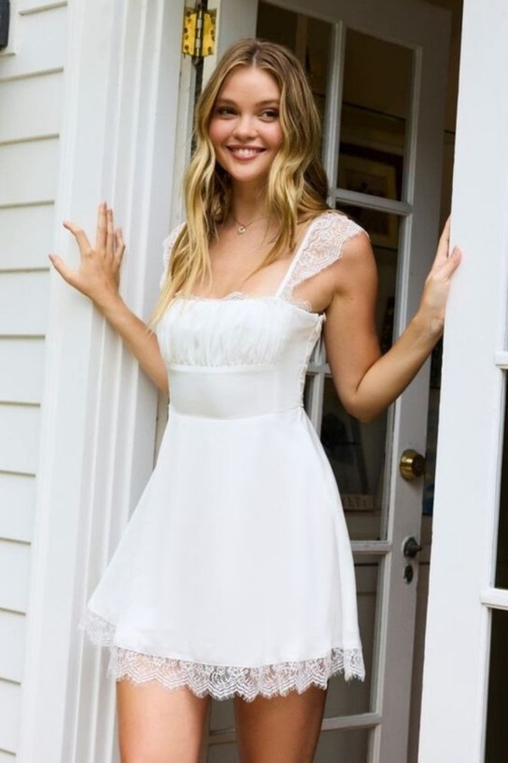 Lace-Up Satin A-Line Mini Dress with Lace Trim