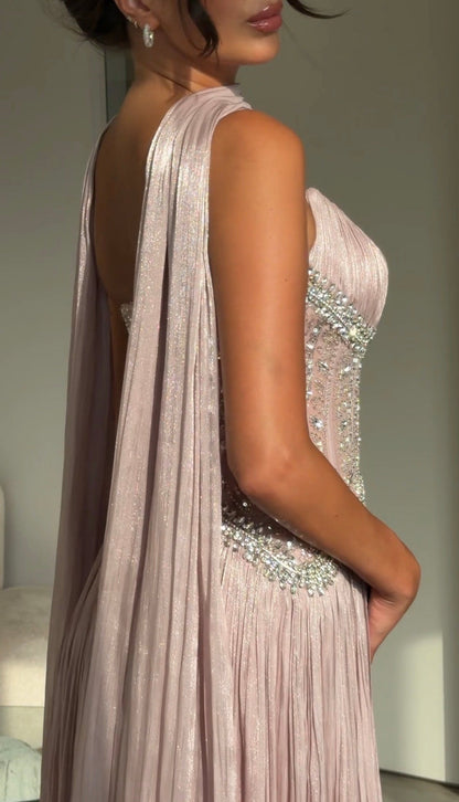 Corset Pleated Evening Gown with Neck Drape