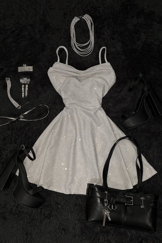 Glitter Cowl Neck Lace Up Mini Dress