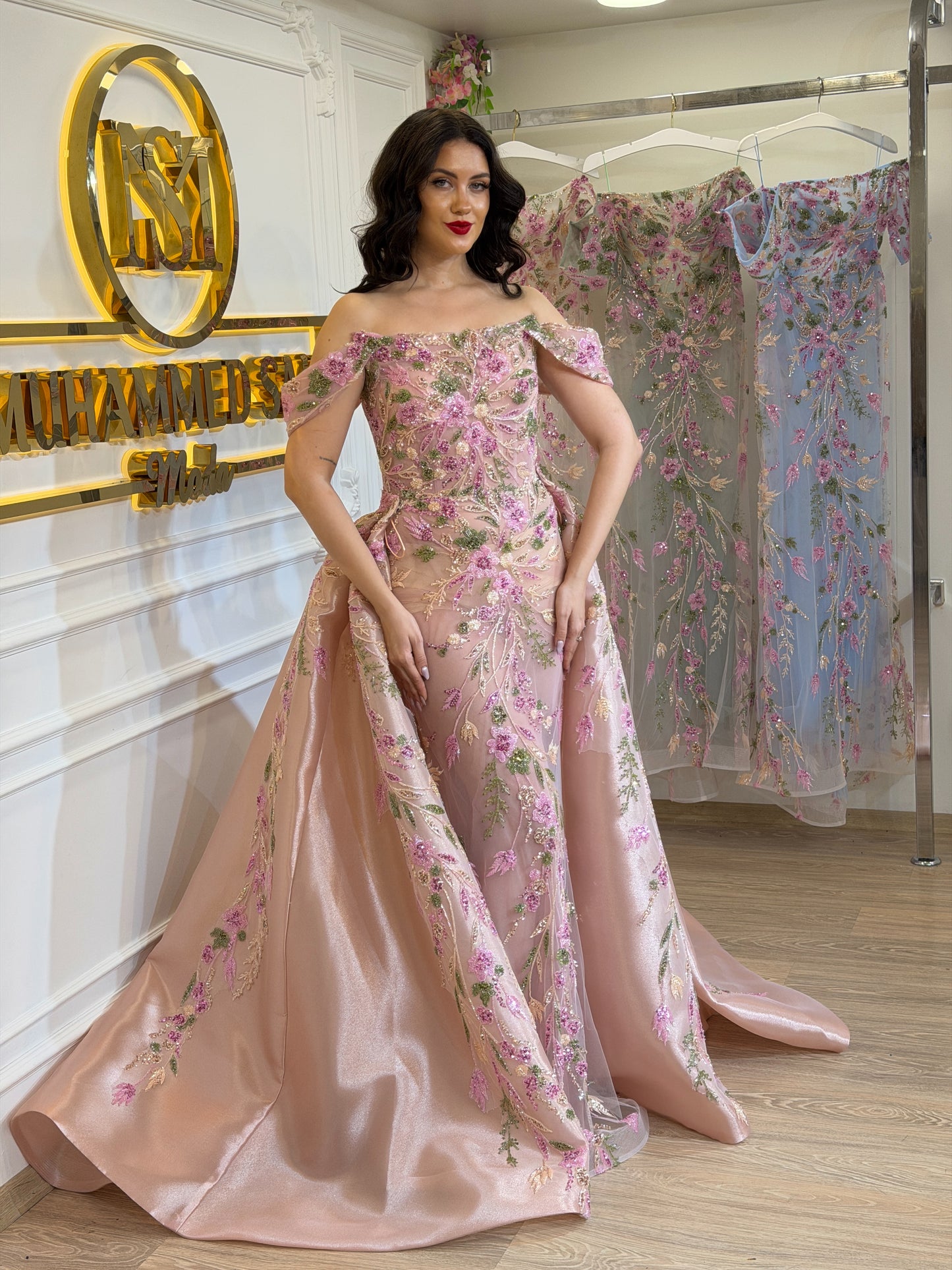 Floral Embroidered Gown with Detachable Overskirt