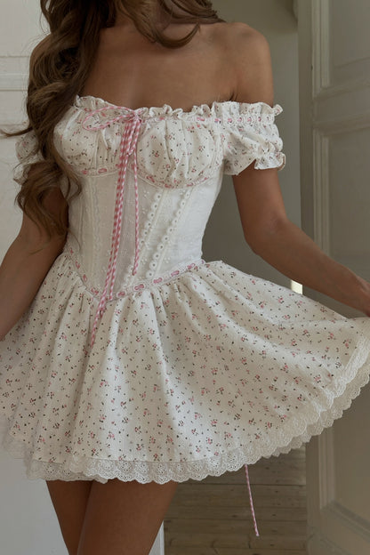 Off-The-Shoulder Corset Floral Mini Dress