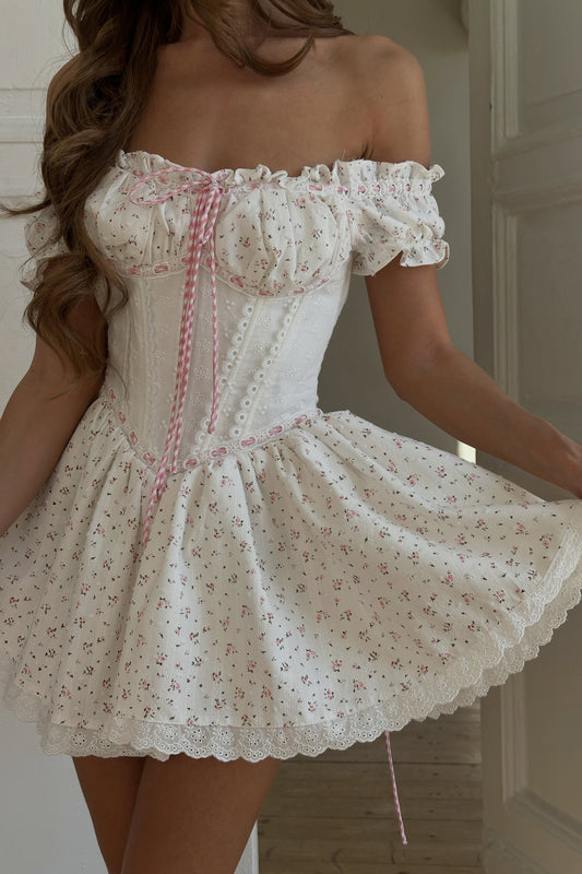 Off-The-Shoulder Corset Floral Mini Dress