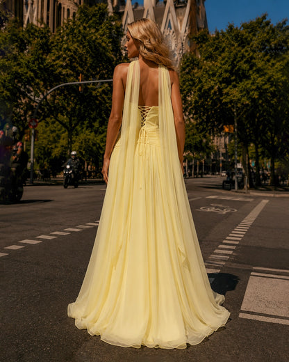 Strapless Beaded Corset Gown with Scarf