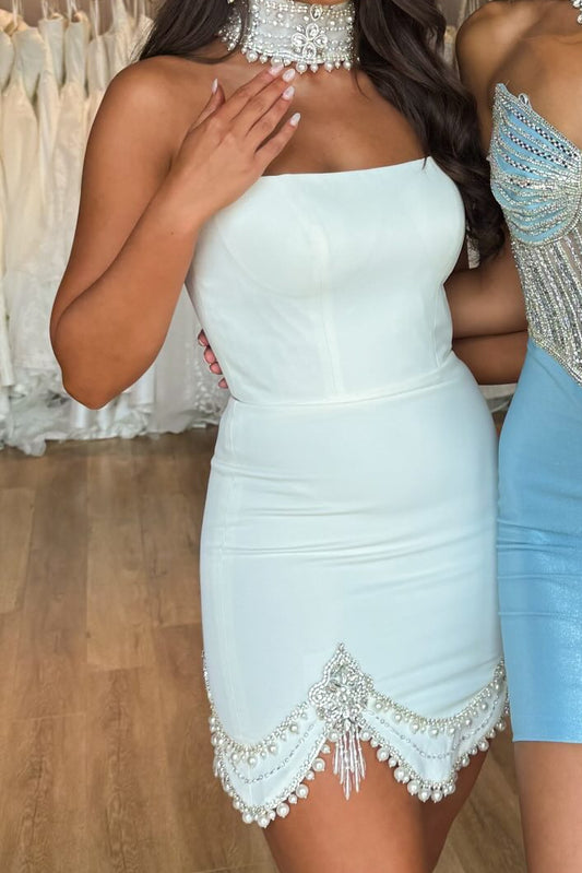 Strapless Crepe Mini Dress with Pearl Fringe Hem