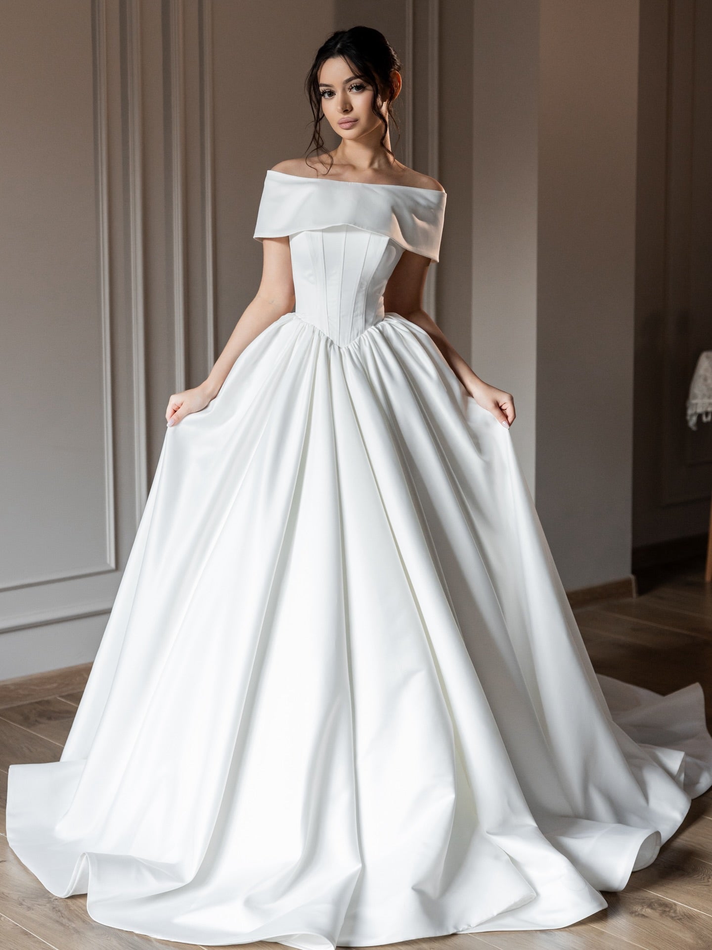 Off-the-Shoulder Satin Ball Gown Wedding Dress