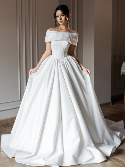 Off-the-Shoulder Satin Ball Gown Wedding Dress