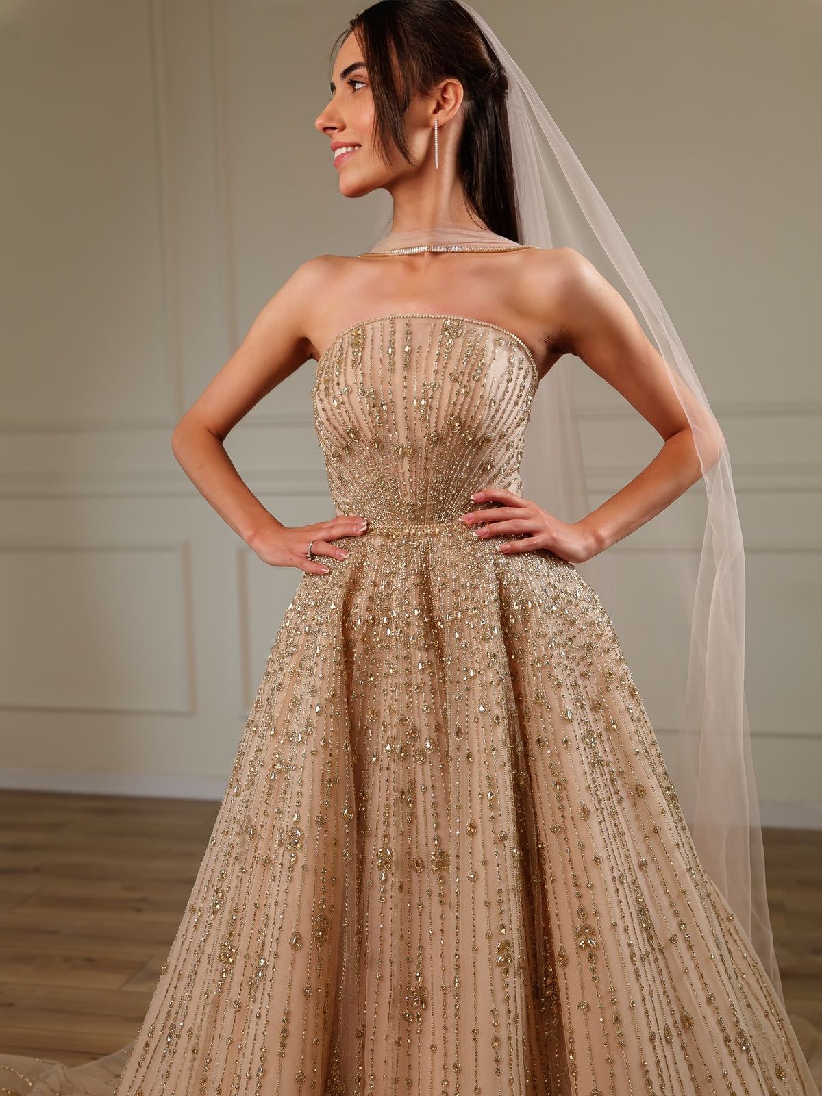 Strapless Beaded Tulle Ball Gown Wedding Dress