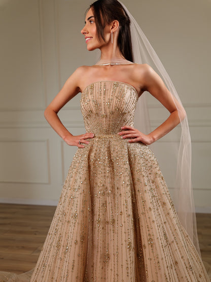 Strapless Beaded Tulle Ball Gown Wedding Dress