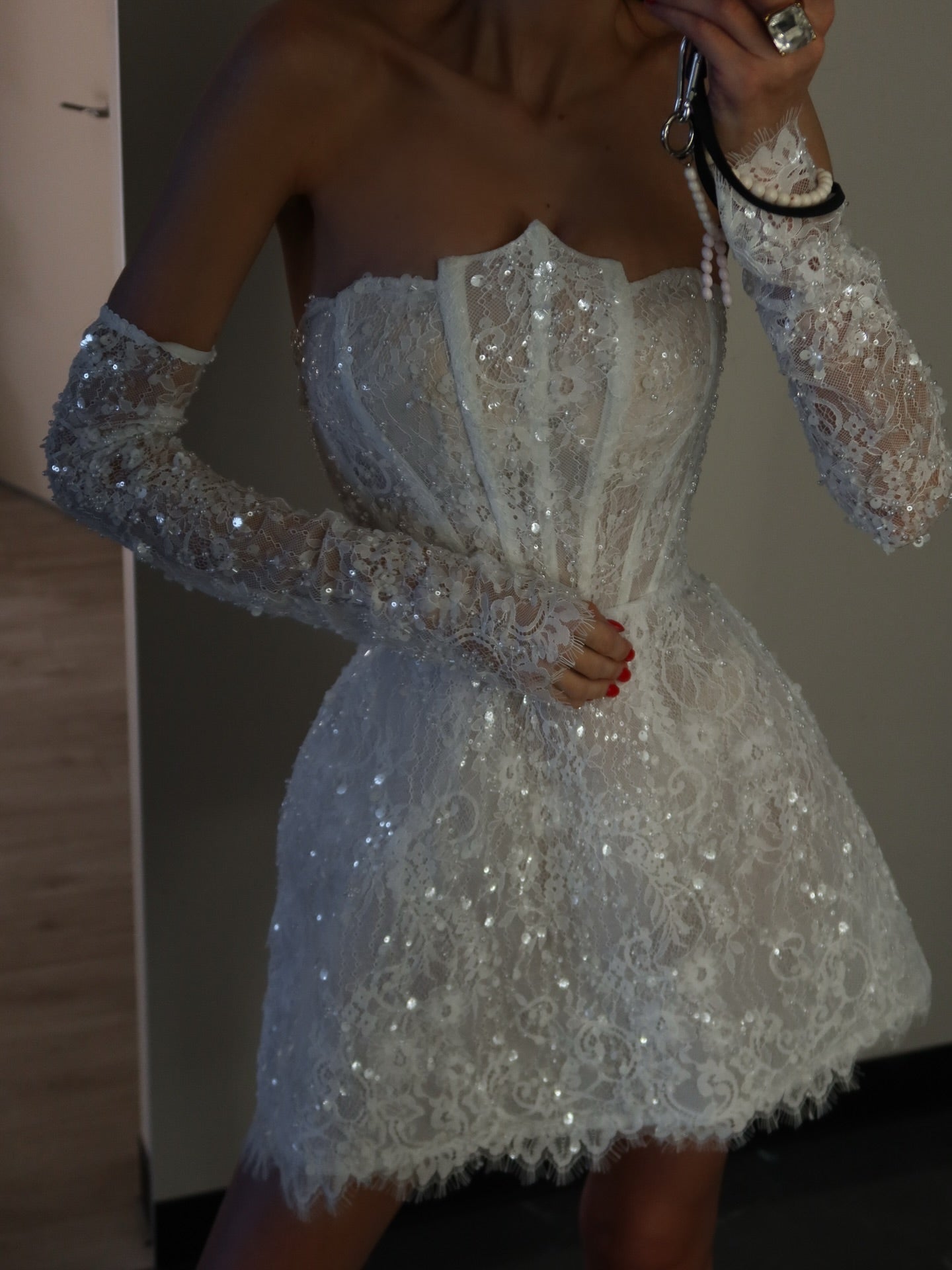 Strapless Sequin Lace Fit and Flare Mini Dress