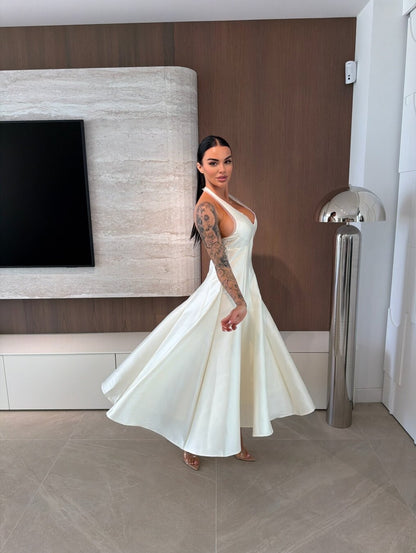 Halter V-Neck Satin A-Line Midi Dress