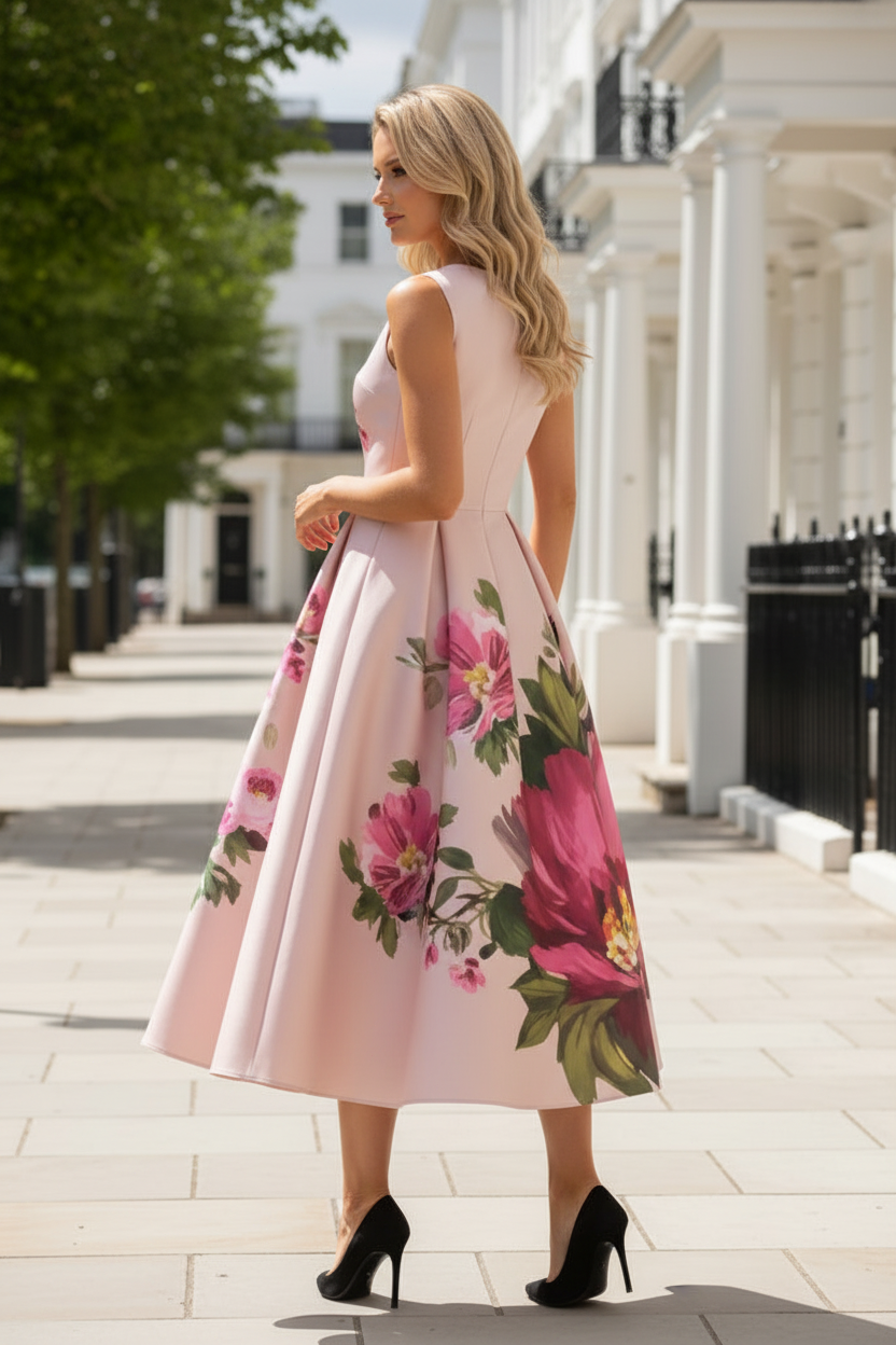 Floral Print Sleeveless Fit and Flare Midi Dress