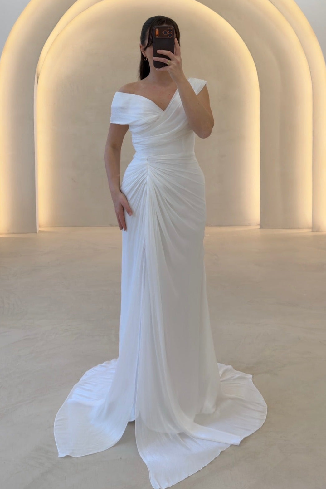 Off-the-Shoulder Ruched Draped Bridal Gown