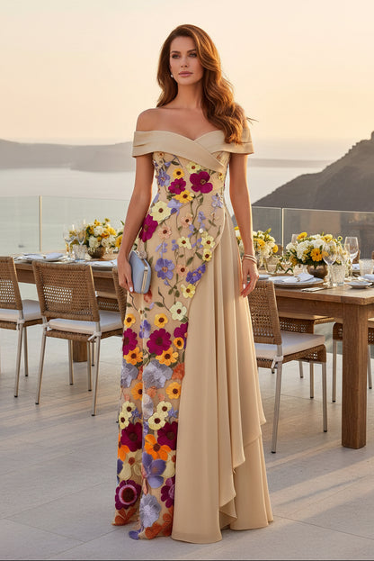 Off-Shoulder Floral Applique Gown with Side Drape