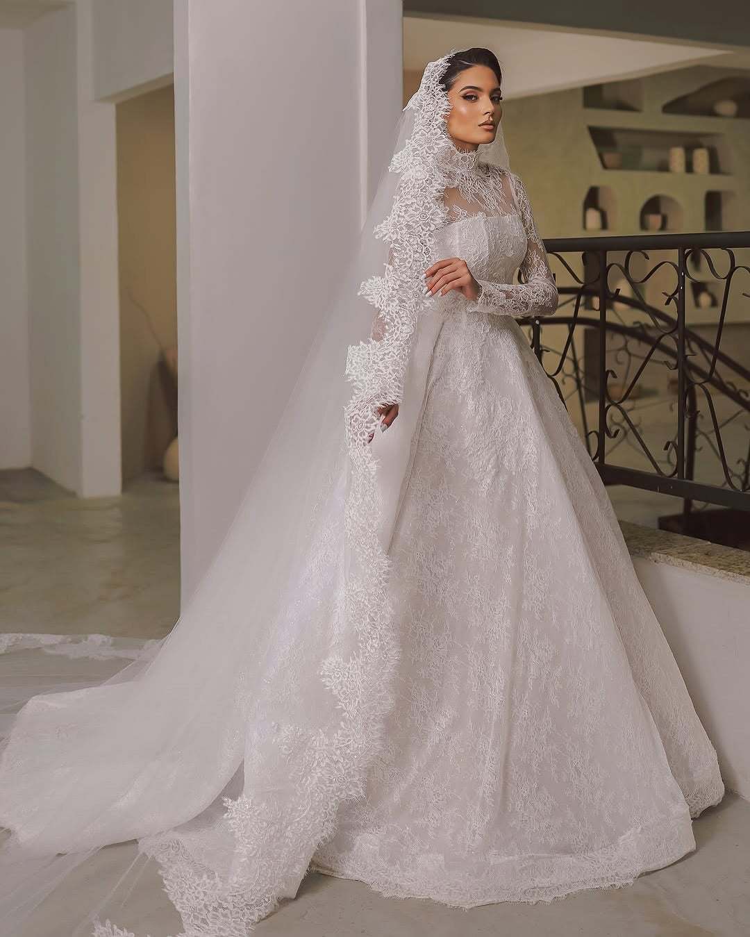 High Neck Lace Ball Gown Wedding Dress