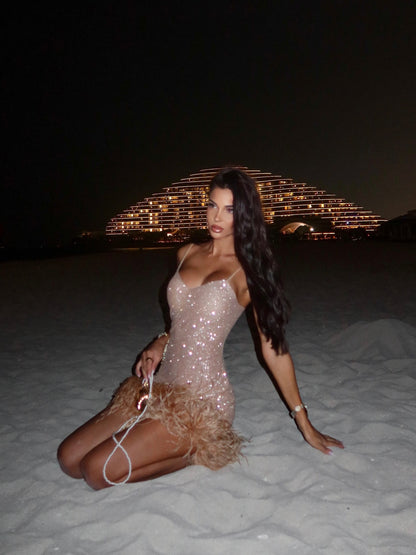 Glitter Bodycon Mini Dress with Feather Hem