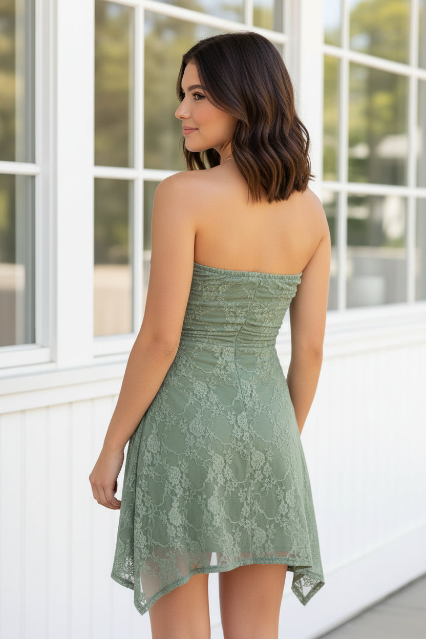 Strapless Ruched Lace Asymmetrical Mini Dress
