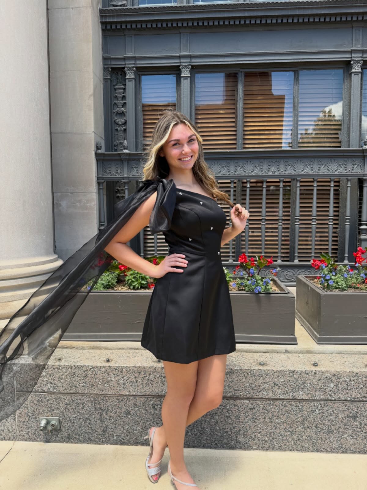 One-Shoulder A-Line Mini Dress with Bow Cape
