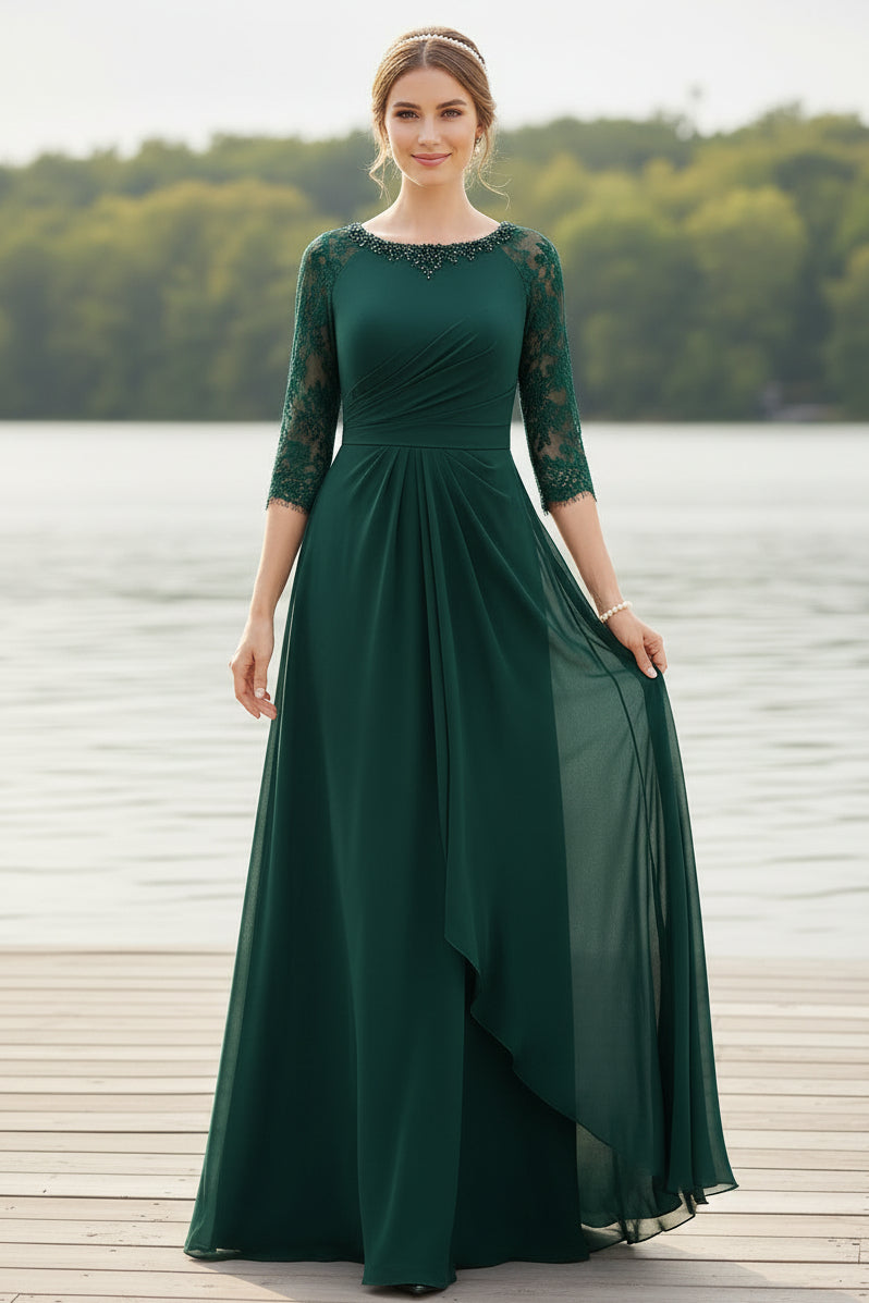 Emerald Green Lace Sleeve Ruched Chiffon Floor-Length Mother of the Bride Dress