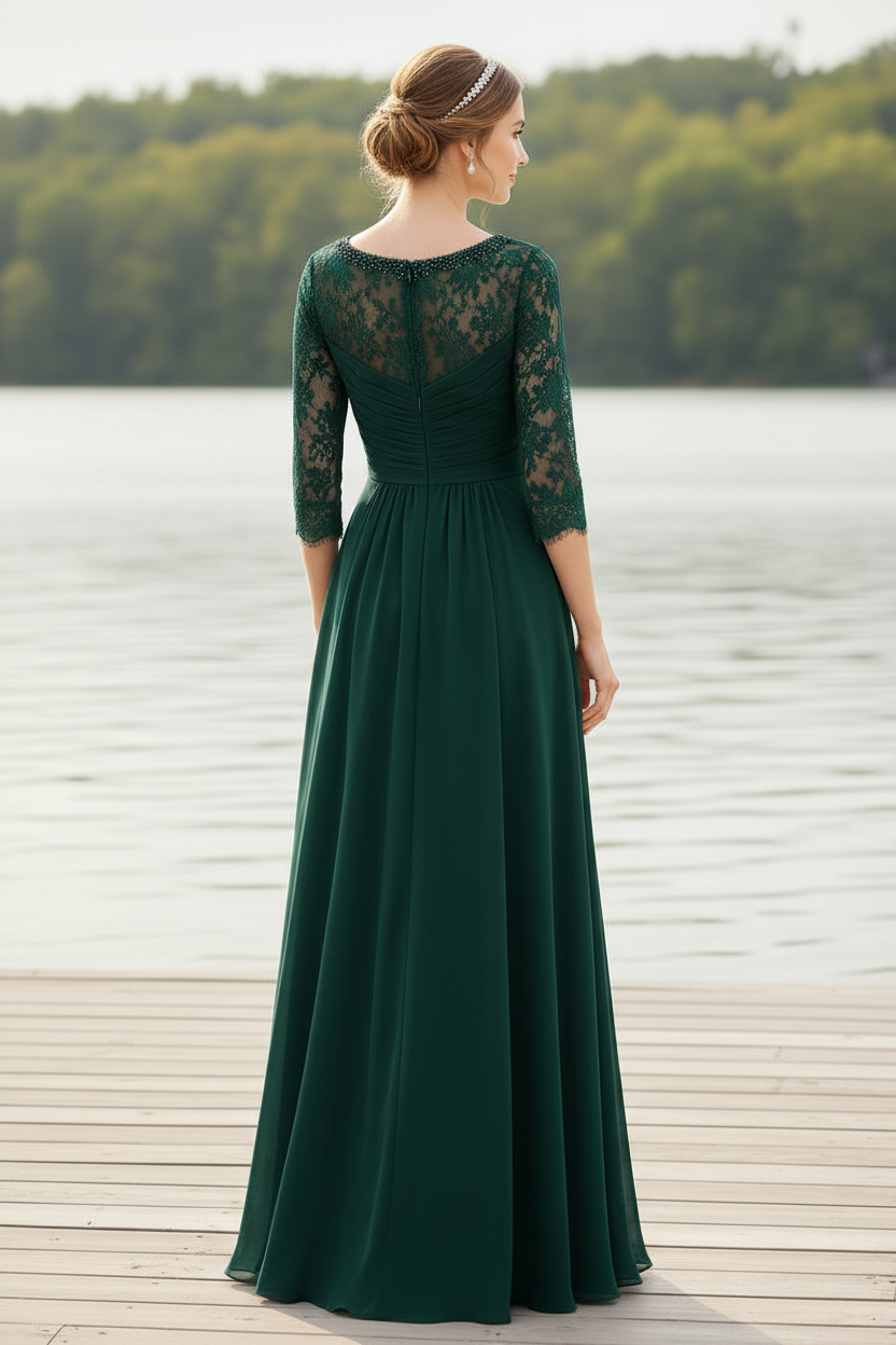 Emerald Green Lace Sleeve Ruched Chiffon Floor-Length Mother of the Bride Dress