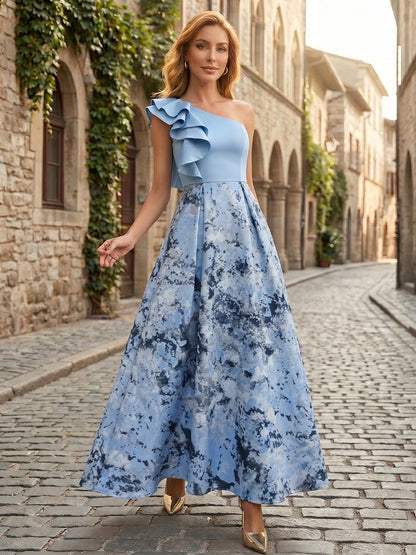 One-Shoulder Ruffled Pleated A-Line Maxi Dress