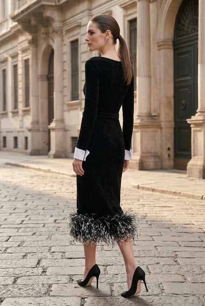 Feather Hem Midi Dress with Belt and Cuffs