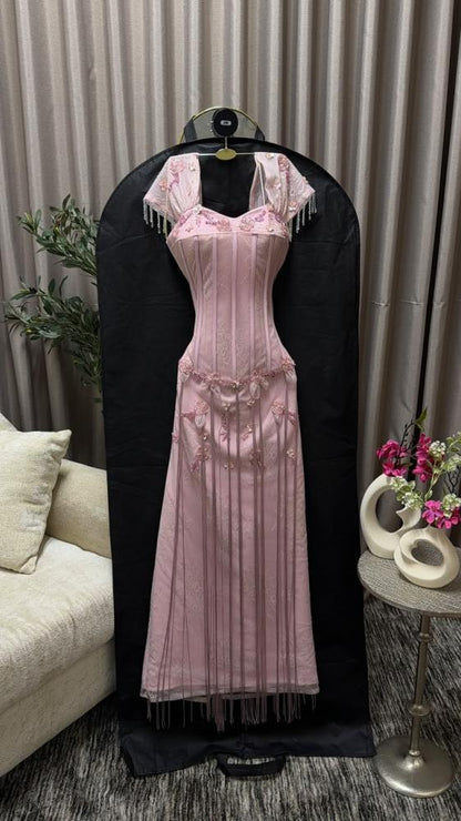 Corset Bodice Fringe Maxi Evening Dress