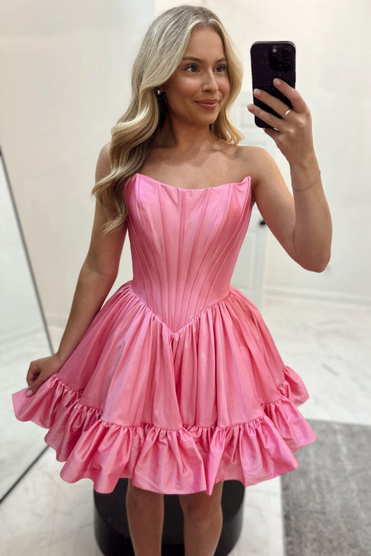 Strapless Corset Taffeta Mini Dress with Ruffles