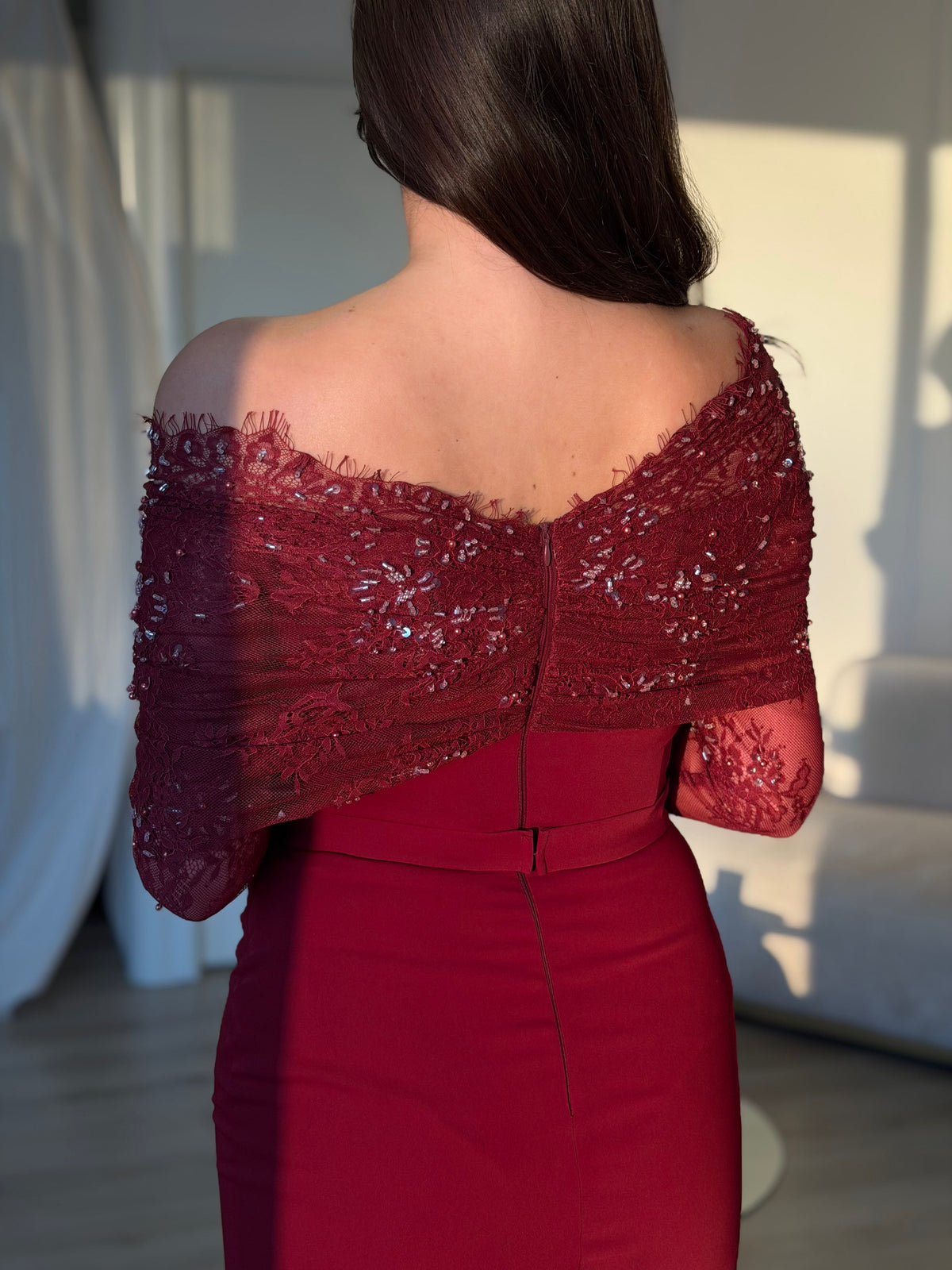 Off-the-Shoulder Beaded Lace Maxi Dress
