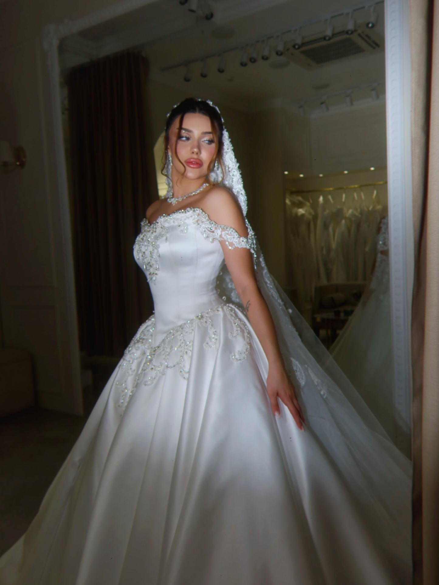 Beaded Lace Off-the-Shoulder Satin Ball Gown