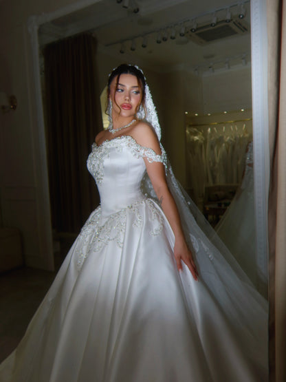 Beaded Lace Off-the-Shoulder Satin Ball Gown