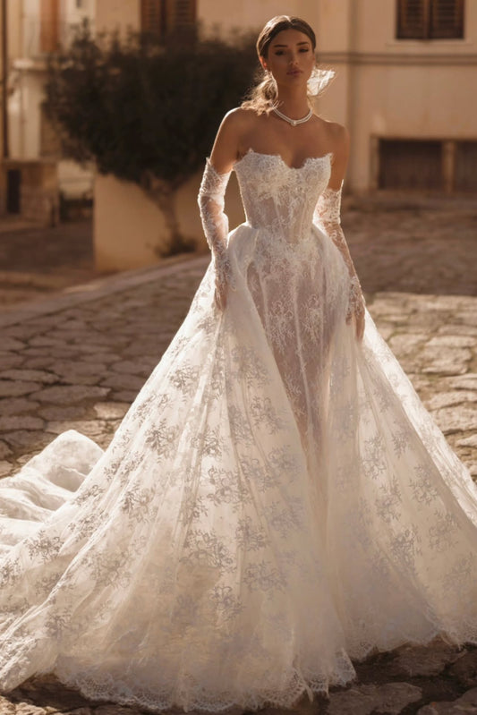 Lace Trumpet Wedding Dress with Detachable Overskirt