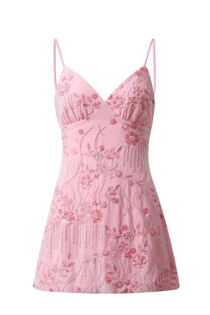 Sequined Floral Beaded Mini Dress with Lace-Up Back