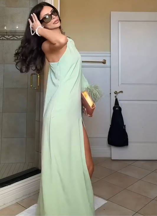 One-Shoulder Maxi Dress with Feather Trim & Slit