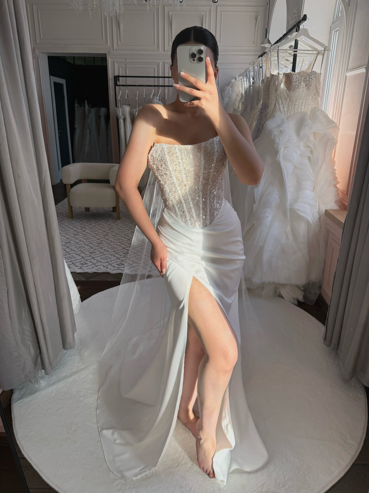 Strapless Beaded Corset Gown with High Slit