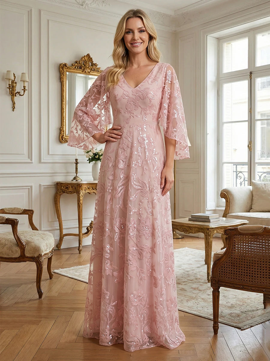 Embroidered A-Line Evening Gown with Flutter Sleeves